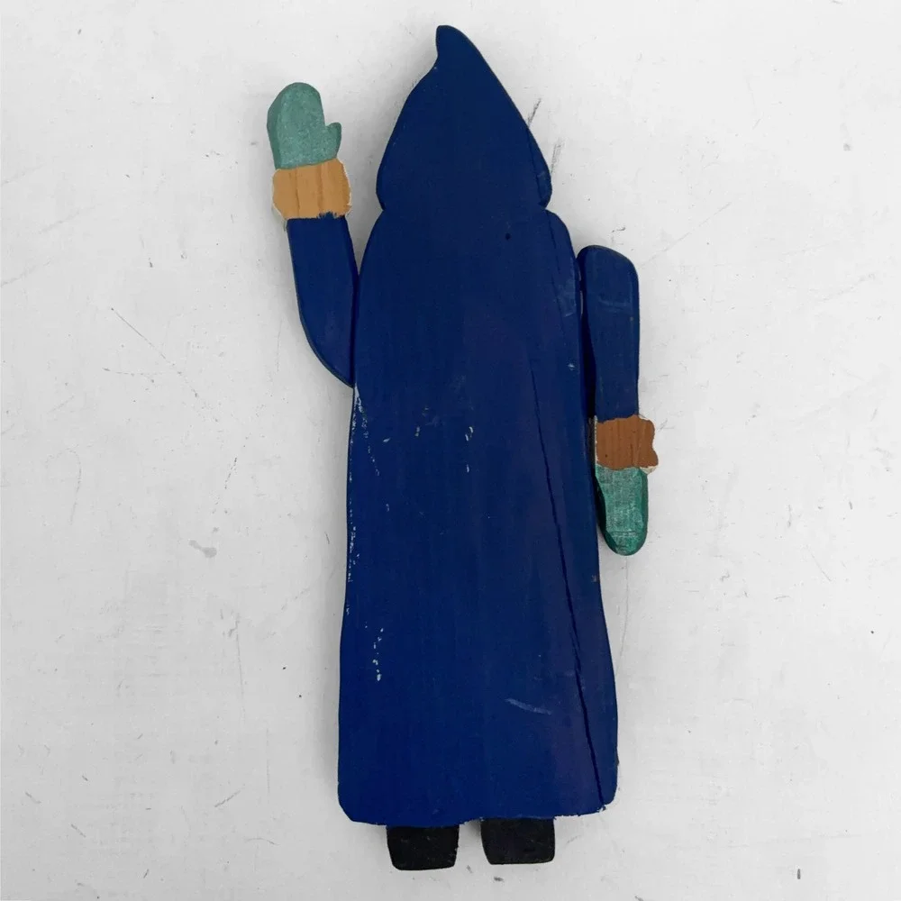 VTG Folk Art Hand Carved Wooden Blue Old World Santa Claus Figurine 12in